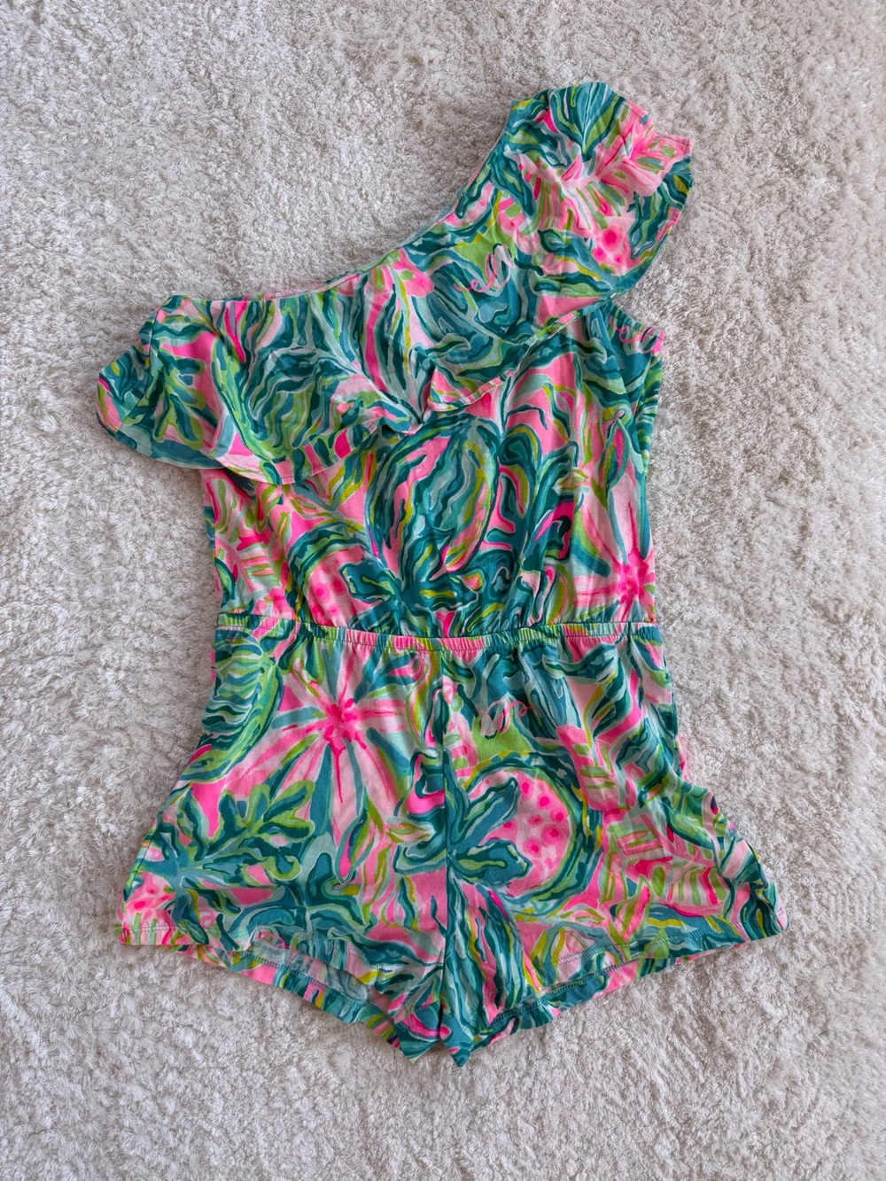 Lilly Pulitzer Girls One-Shoulder Romper in Pink & Green Floral, XL